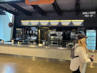 A closed Flourchild Pizza concession stand at Fiserv Forum.