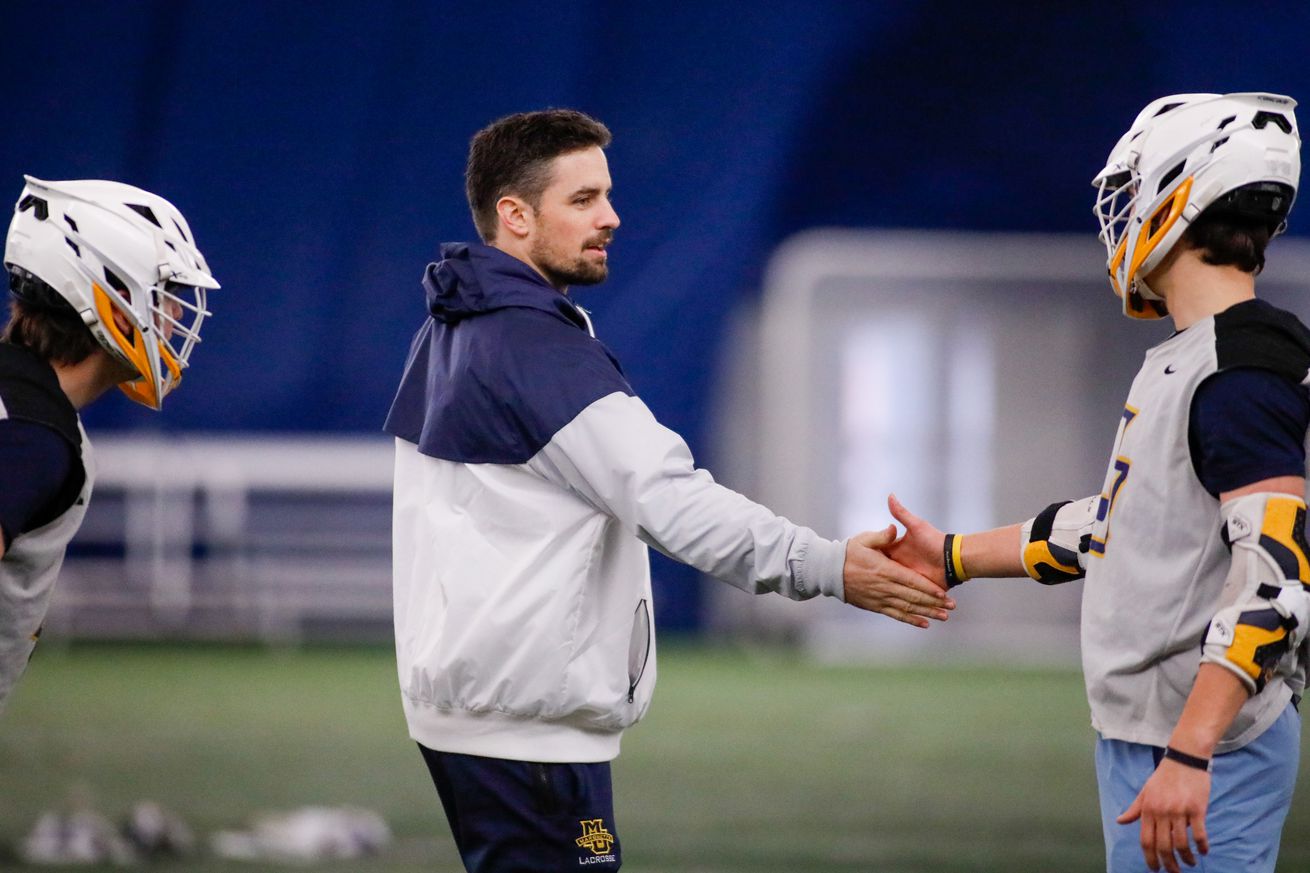 Marquette men’s lacrosse head coach Jake Richard at a practice in the Valley Fields seasonal bubble back in 2023 when he was an assistant coach.