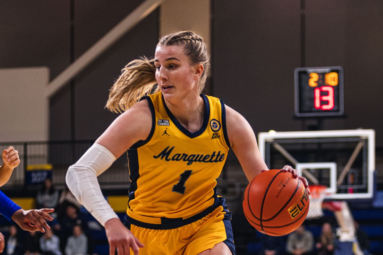 Marquette’s Lee Volker with the ball during a game at the McGuire Center in Milwaukee.