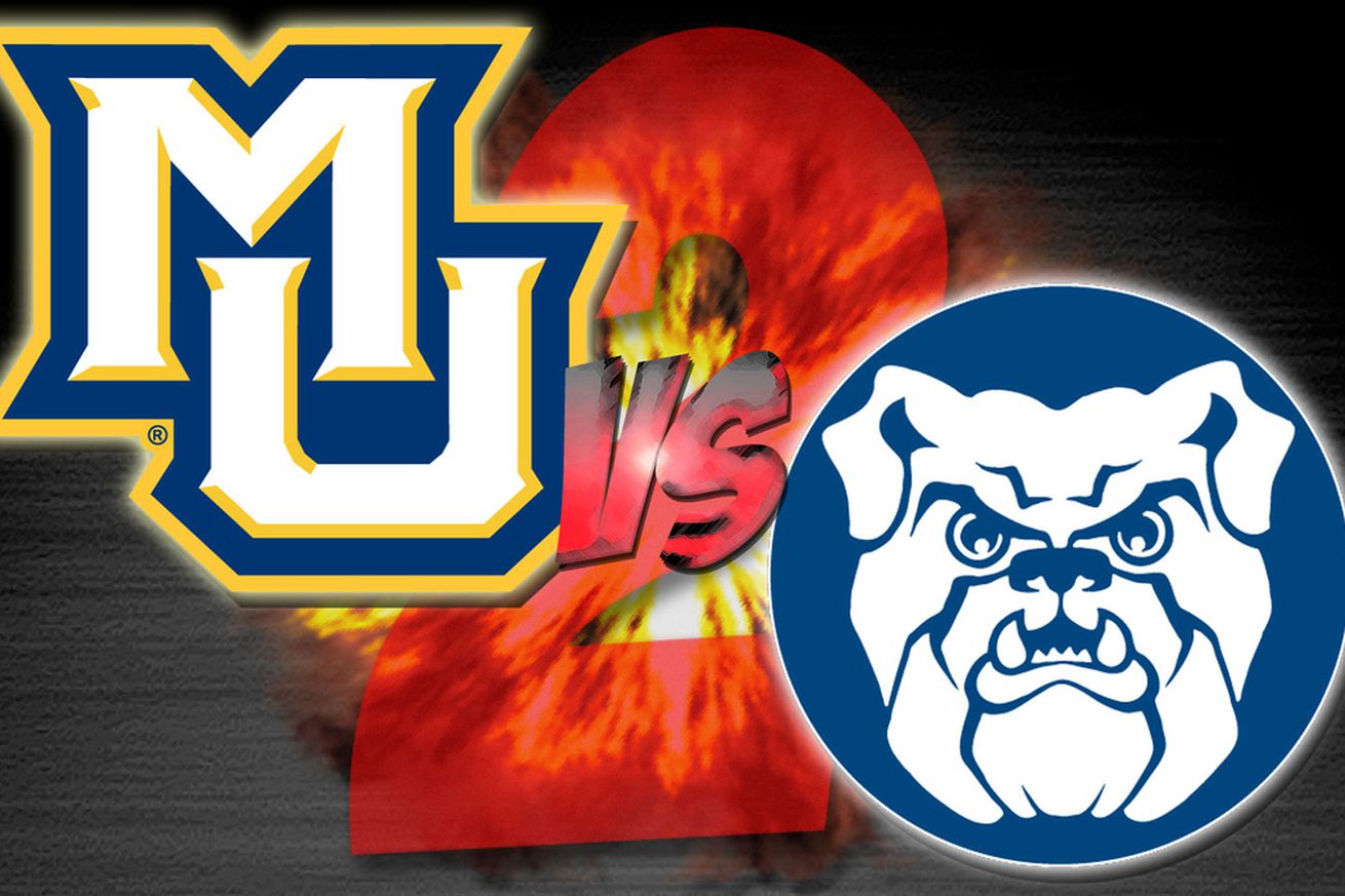 A graphic for a college basketball game between Marquette and Butler with the Marquette logo in the top left and the Butler logo in the bottom right.  It is the second meeting between the two teams, so there is a large red 2 in the background and an explosion behind all of that.