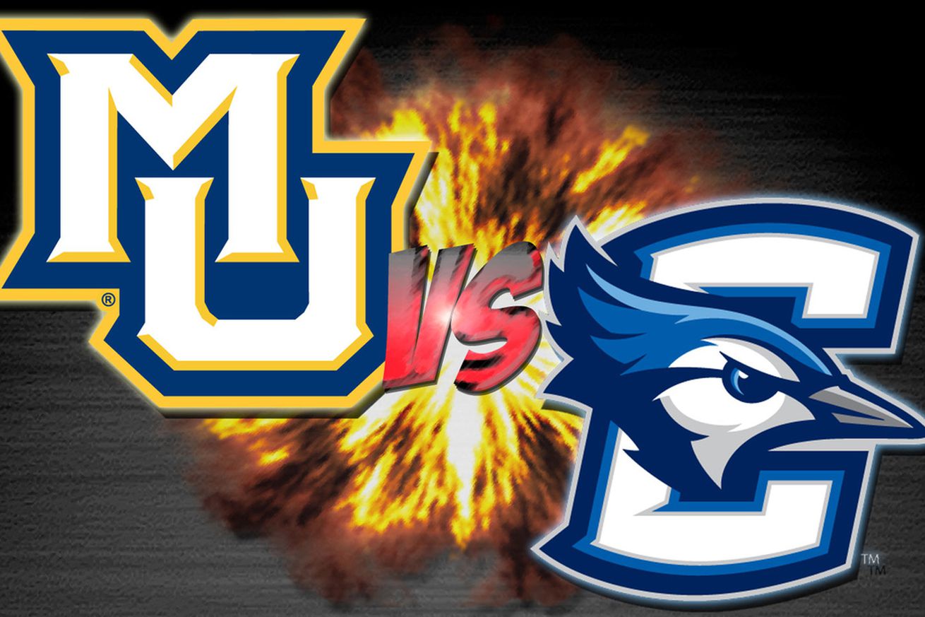 A graphic for a college basketball game between Marquette and Creighton with the Marquette logo in the top left, the Creighton logo in the bottom right, and an explosion behind the logos.