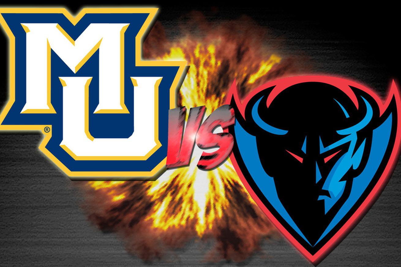 A graphic for a college basketball game between Marquette and DePaul with the Marquette logo in the top left, the DePaul logo in the bottom right, and an explosion behind the logos.