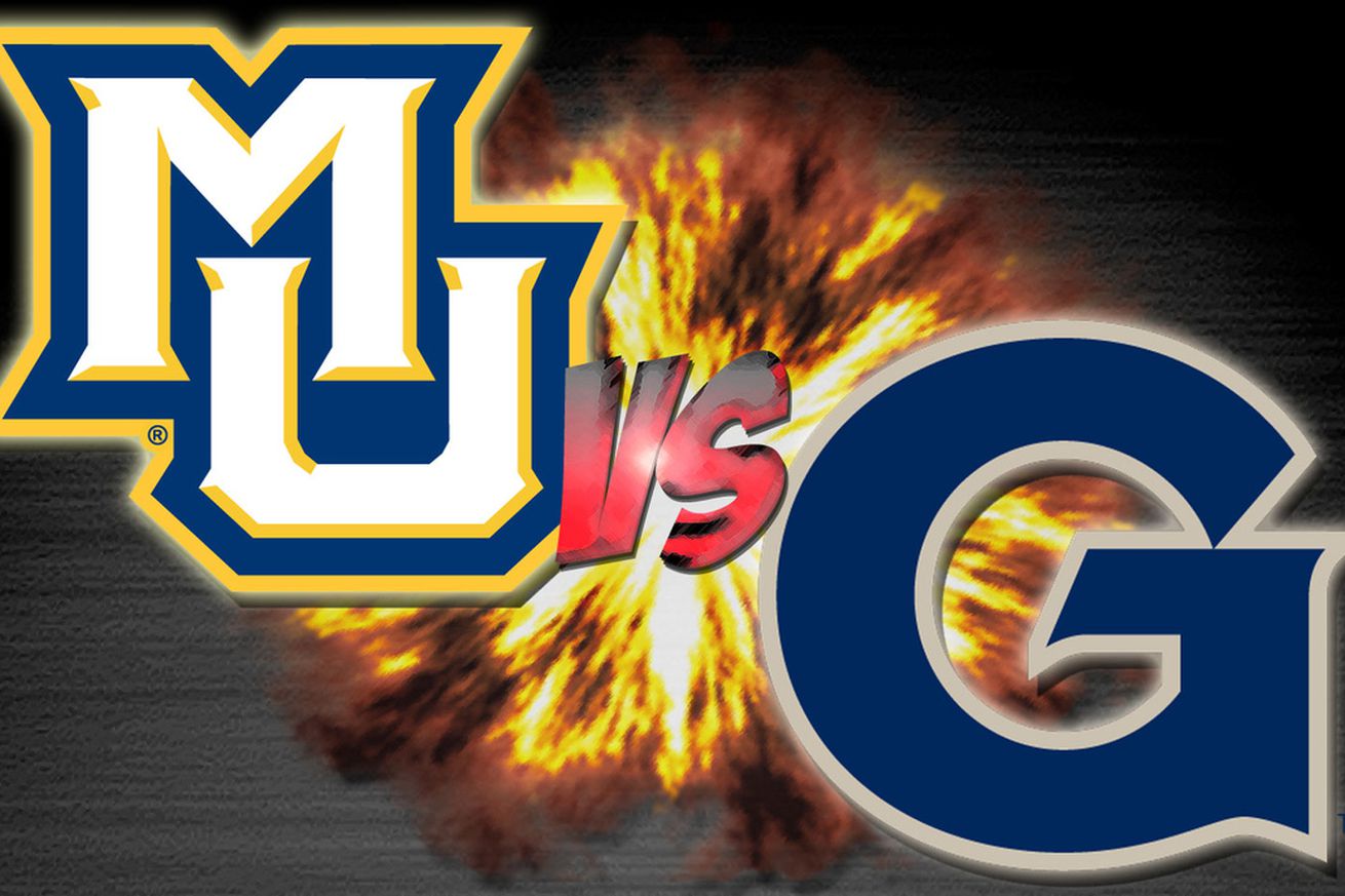 A graphic for a college basketball game between Marquette and Georgetown with the Marquette logo in the top left, the Georgetown logo in the bottom right, and an explosion behind the logos.