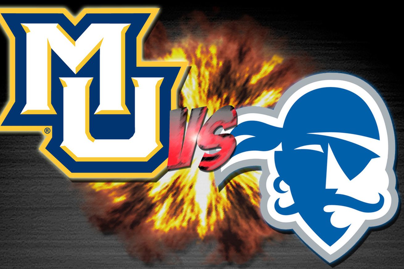 A graphic for a college basketball game between Marquette and Seton Hall with the Marquette logo in the top left, the Seton Hall logo in the bottom right, and an explosion behind the logos