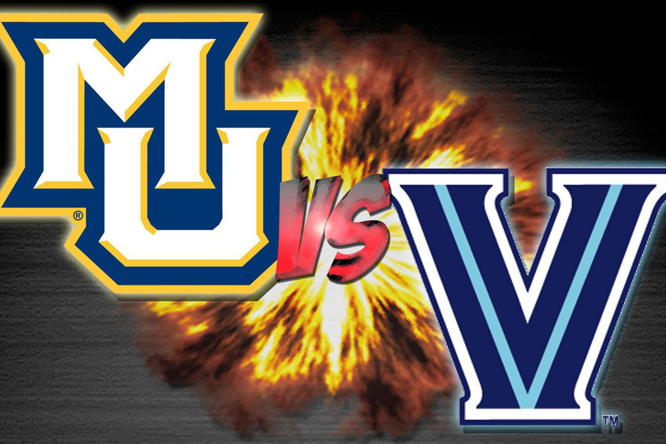 A graphic for a college basketball game between Marquette and Villanova with the Marquette logo in the top left, the Villanova logo in the bottom right, and an explosion behind the logos