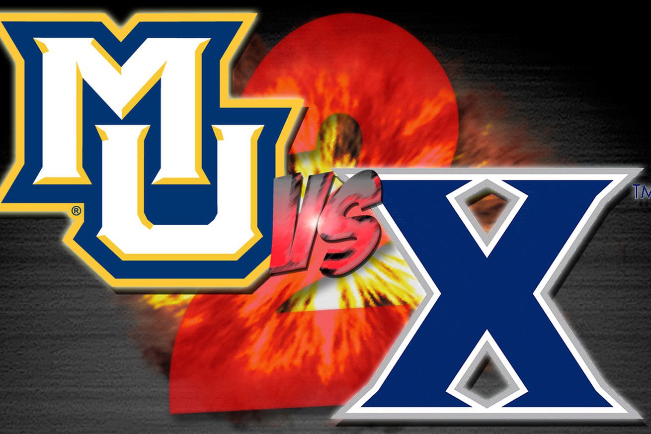 A graphic for a college basketball game between Marquette and Xavier with the Marquette logo in the top left and the Xavier logo in the bottom right.  It is the second meeting of the season between the two teams, so there is a red 2 behind the logos, and an explosion behind that.