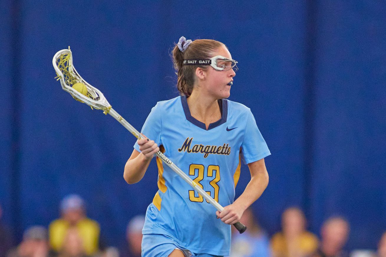 Marquette’s Meg Bireley in action in the Valley Fields bubble.