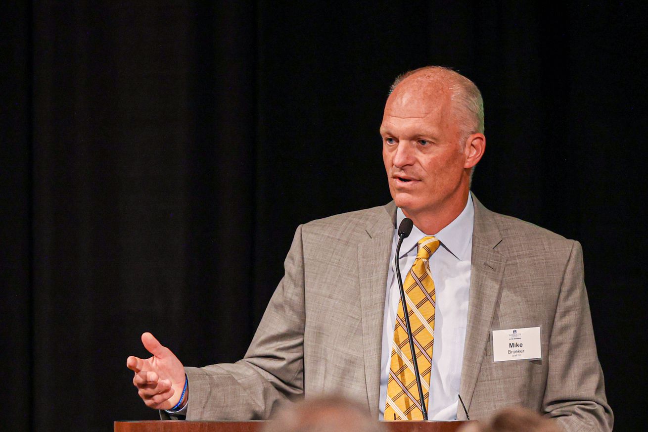 New Marquette Athletic Director Mike Broeker, speaking at an athletics awards event in 2022.