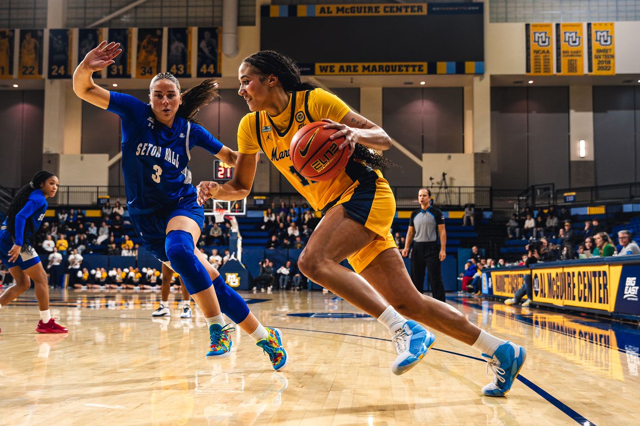 Marquette’s Skylar Forbes drives against Seton Hall’s Faith Masonius at the McGuire Center.