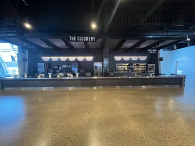 A closed The Cluckery concession stand at Fiserv Forum.