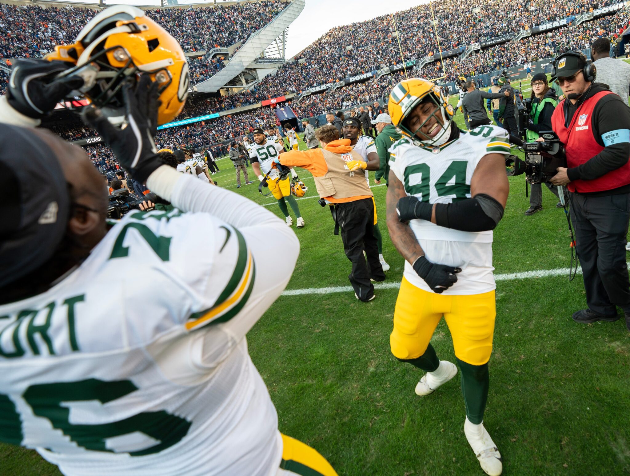 Karl Brooks celebrates a blocked field goal, leading to a Packers win over Chicago in week 11