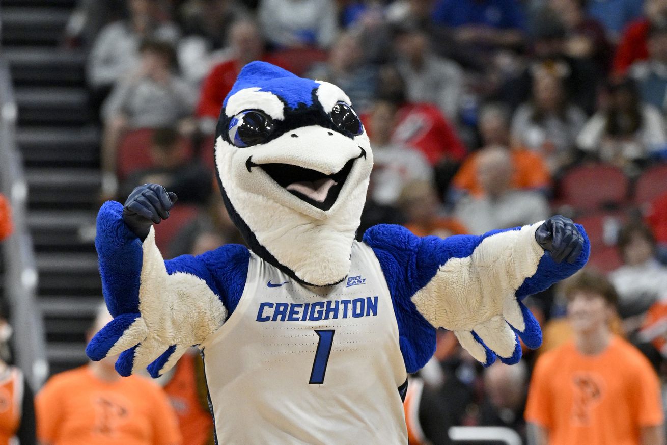 The mascot for the Creighton Bluejays during the first half of the NCAA tournament round of sixteen against the Princeton Tigers at KFC YUM! Center. 