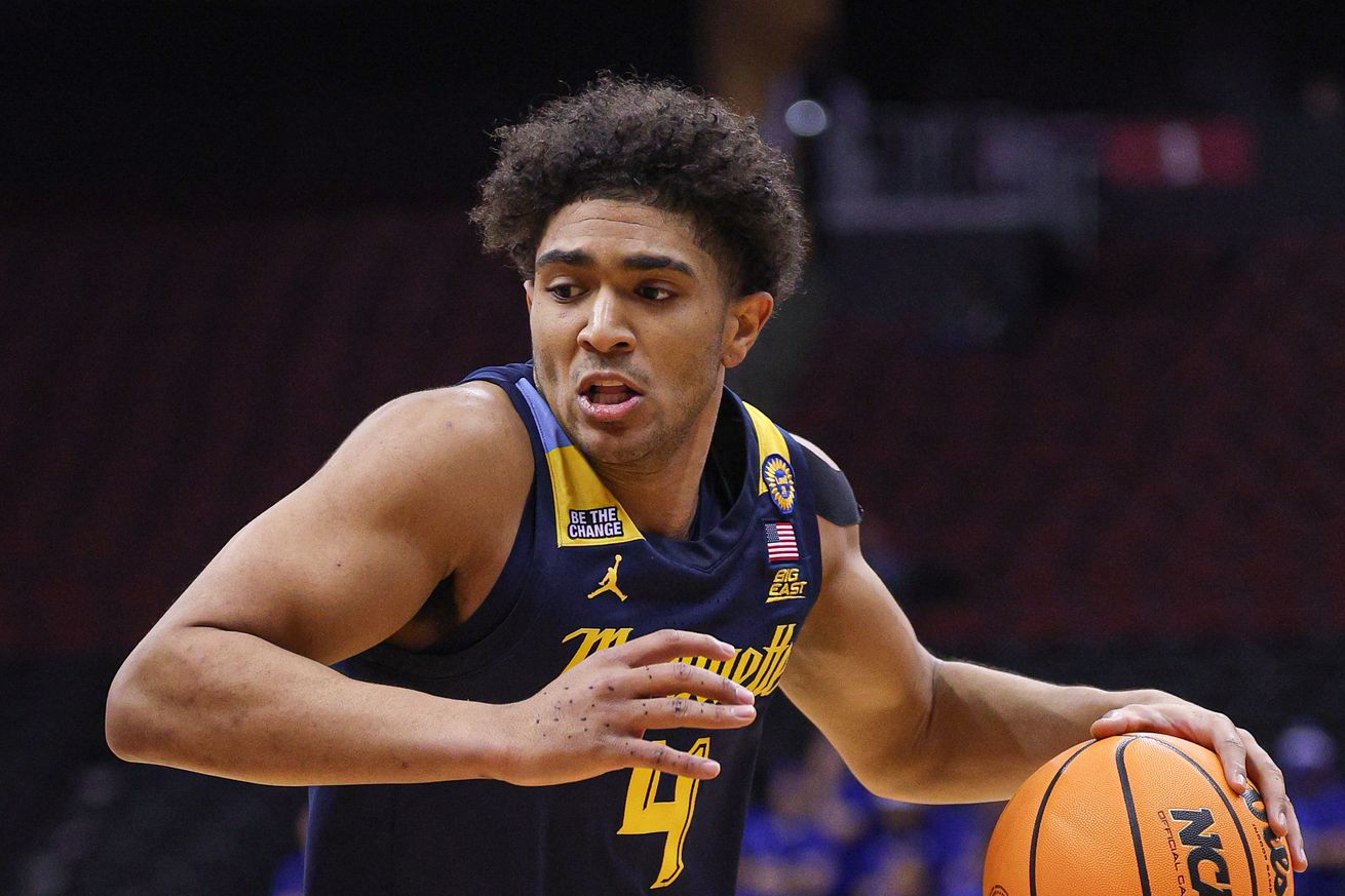 Marquette Golden Eagles guard Stevie Mitchell (4) dribbles during the first half against the Seton Hall Pirates at Prudential Center.