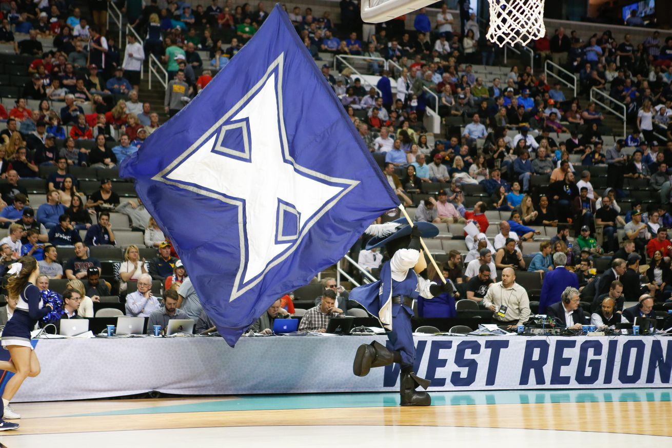 Xavier Musketeers mascot D’Artagnan the Musketeer runs on the basketball court against the Gonzaga Bulldogs before the second period in the finals of the West Regional of the 2017 NCAA Tournament at SAP Center. The Gonzaga Bulldogs defeated the Xavier Musketeers 83-59. 