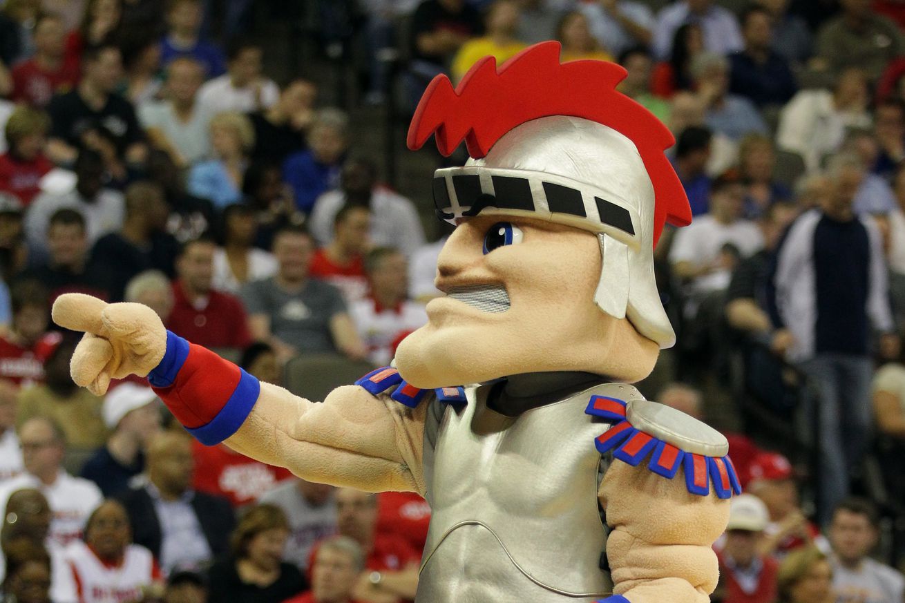 The mascot for the Detroit Titans performs against the Kansas Jayhawks during the second round of the 2012 NCAA Men’s Basketball Tournament at CenturyLink Center on March 16, 2012 in Omaha, Nebraska.