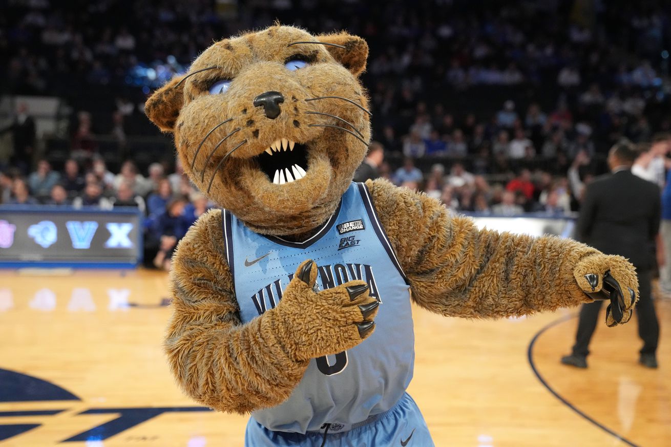 The Villanova Wildcats mascot on the floor during the Quarterfinal round of the Big East Basketball Tournament against the Creighton Bluejays at Madison Square Garden on March 9, 2023 in New York City.