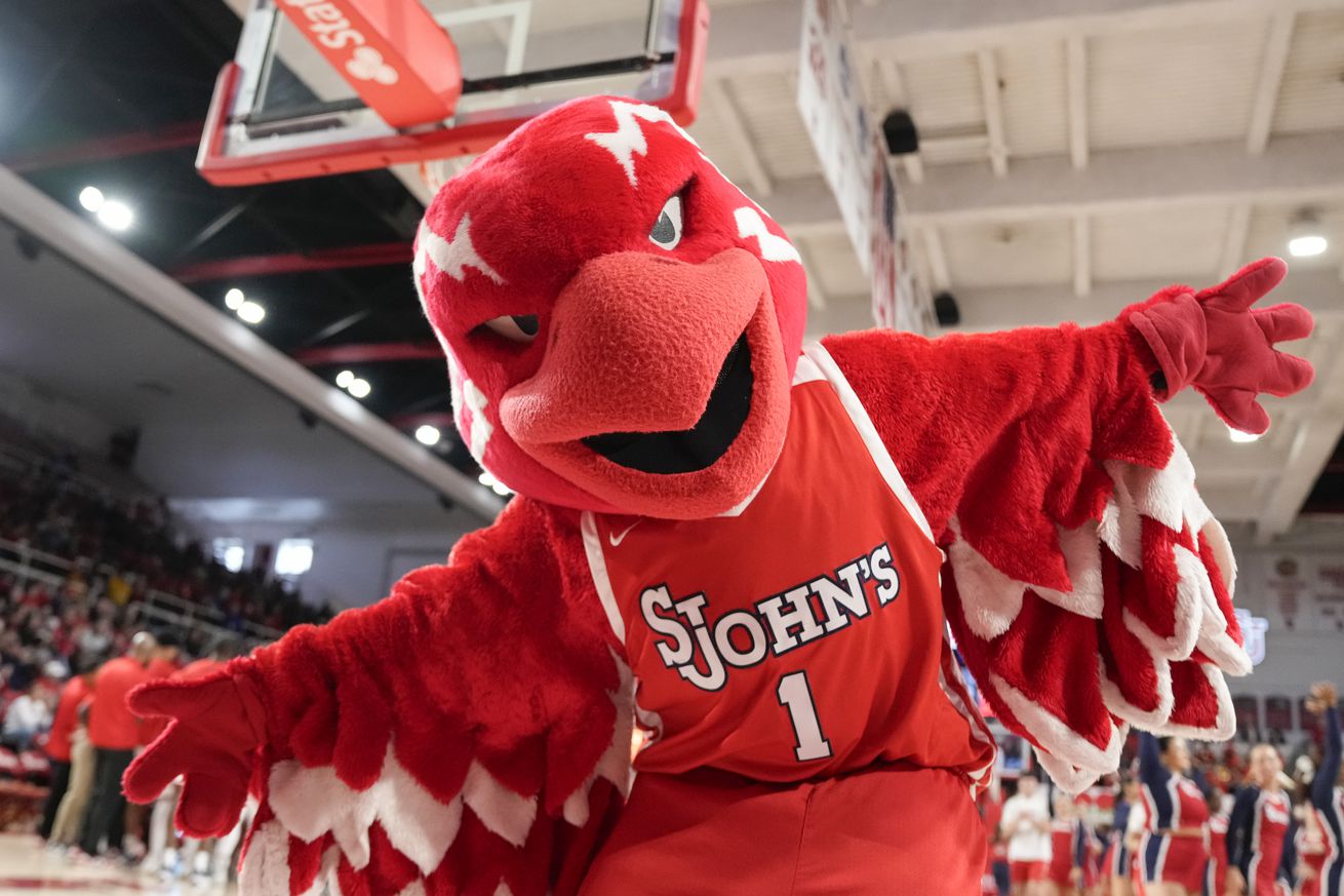 The St. John’s Red Storm mascot during an exhibition game against the Rutgers Scarlet Knights at Carnesecca Arena on October 21, 2023 in the Queens borough of New York City.