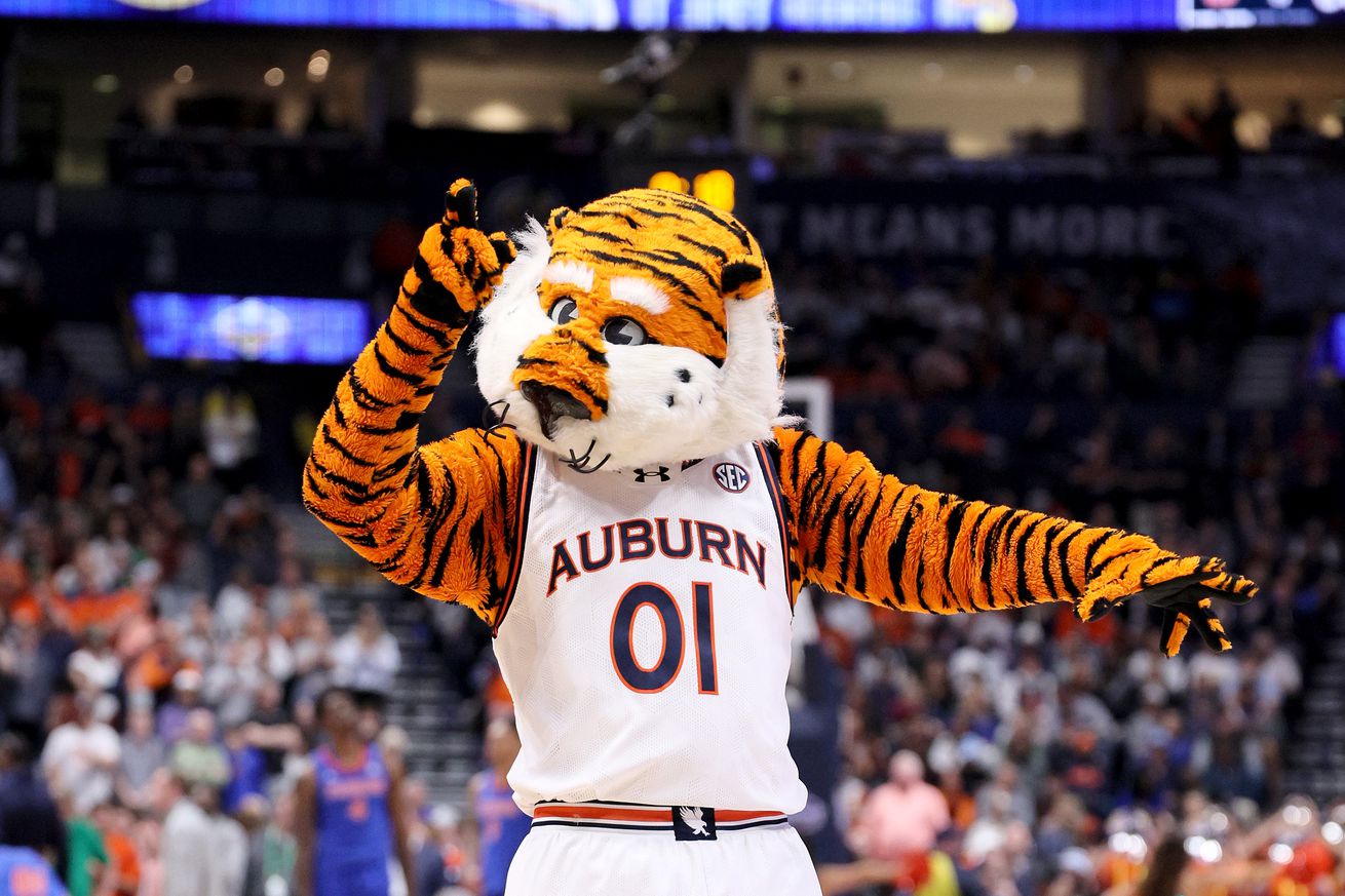 The Auburn Tigers mascot against the Florida Gators in the championship game of the SEC Basketball Tournament at Bridgestone Arena on March 17, 2024 in Nashville, Tennessee.