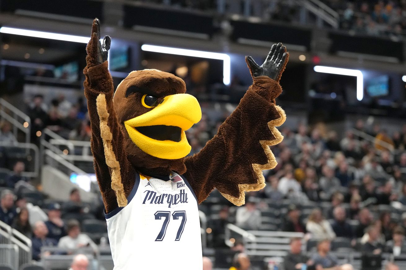 The Marquette Golden Eagles mascot on the floor during the Second Round NCAA Men’s Basketball Tournament game against the Colorado Buffaloes at Gainbridge Fieldhouse on March 24, 2024 in Indianapolis, Indiana.