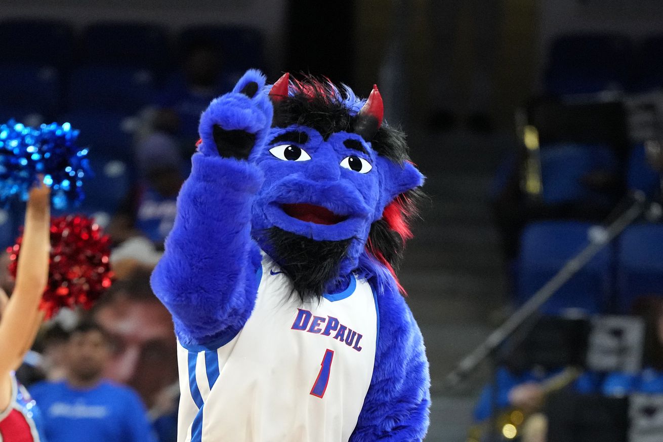 The DePaul Blue Demons mascot on the floor during a college basketball game against the Prairie View A&M Panthers at Wintrust Arena on November 07, 2024 in Chicago, Illinois,