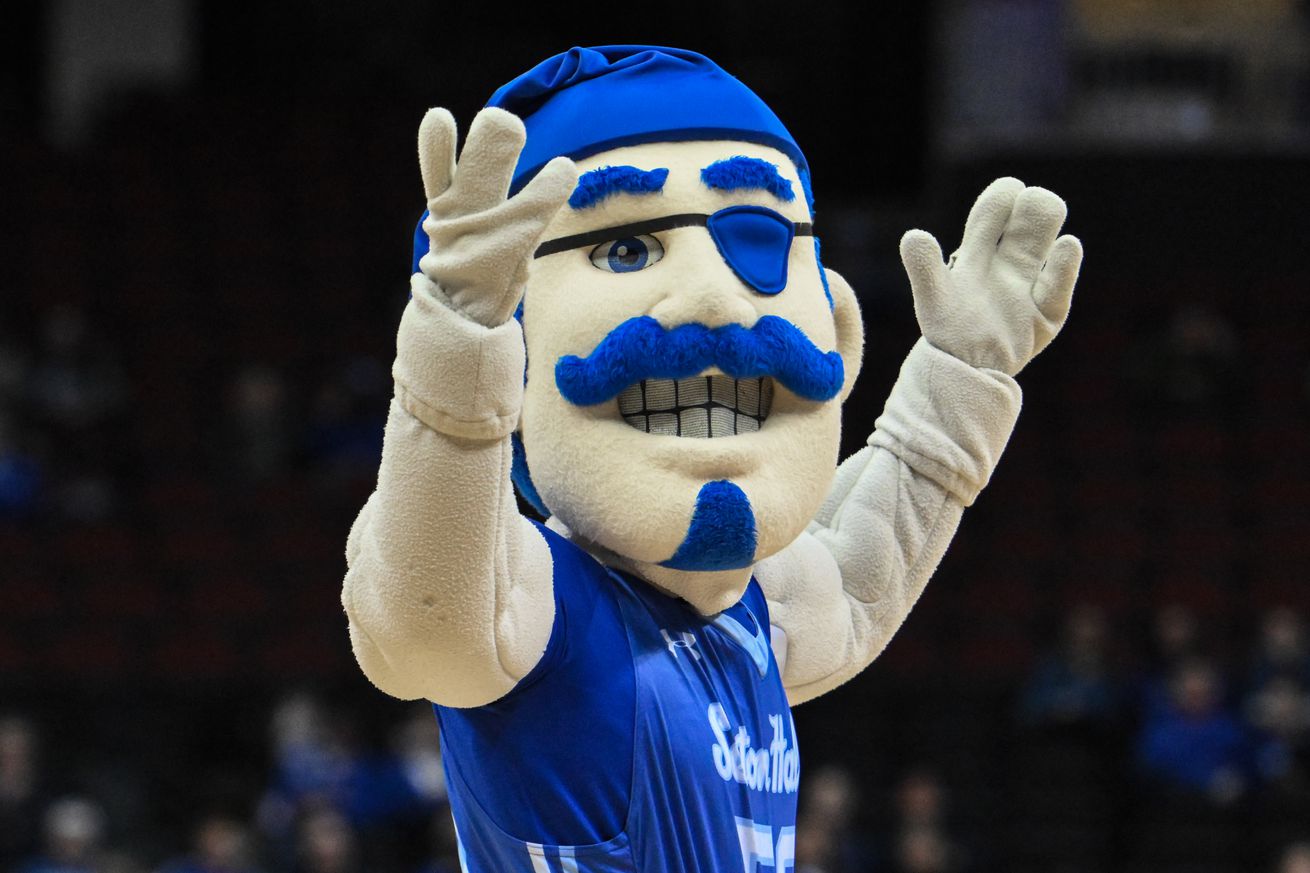 Seton Hall Pirates mascot during a college basketball game between the NJIT Highlanders and the Seton Hall Pirates on December 4, 2024 at Prudential Center in Newark, NJ