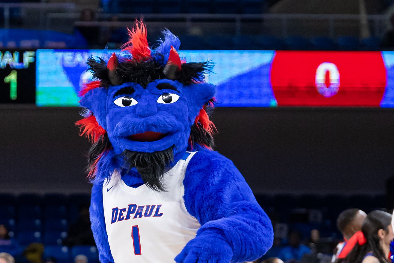 The DePaul Blue Demons mascot is seen during the game against the Providence Friars at Wintrust Arena on December 10, 2024 in Chicago, Illinois.