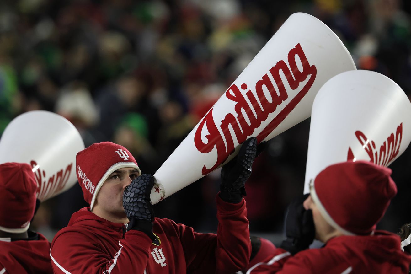 Indiana Hoosiers cheerleaders cheer during the fourth quarter against the Notre Dame Fighting Irish in the Playoff First Round game at Notre Dame Stadium on December 20, 2024 in South Bend, Indiana. Notre Dame defeated Indiana 27-17.