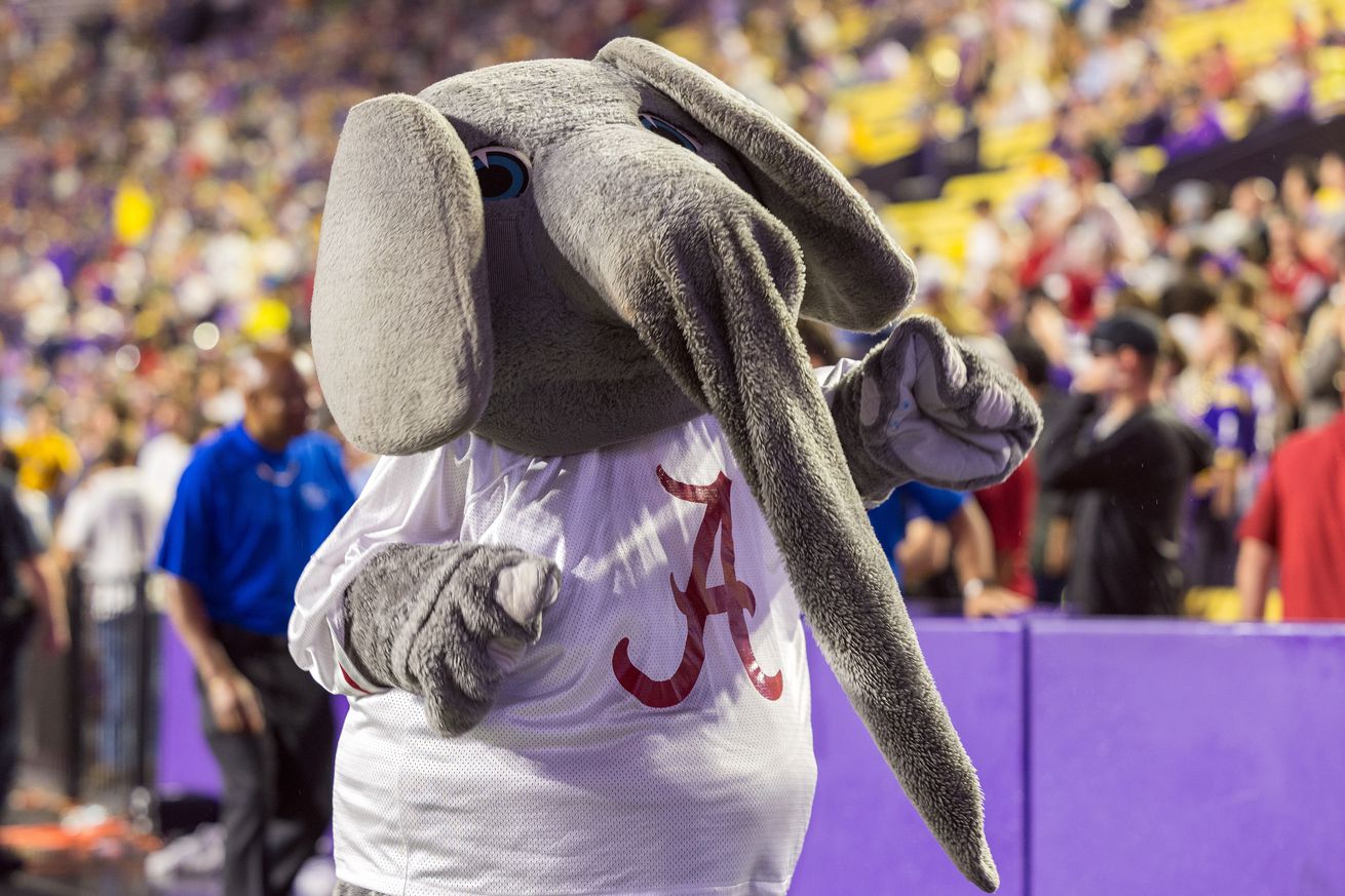 Alabama Crimson Tide mascot “Big Al” during a game between the LSU Tigers and the Alabama Crimson Tide on November 9, 2024, at Tiger Stadium in Baton Rouge, LA.