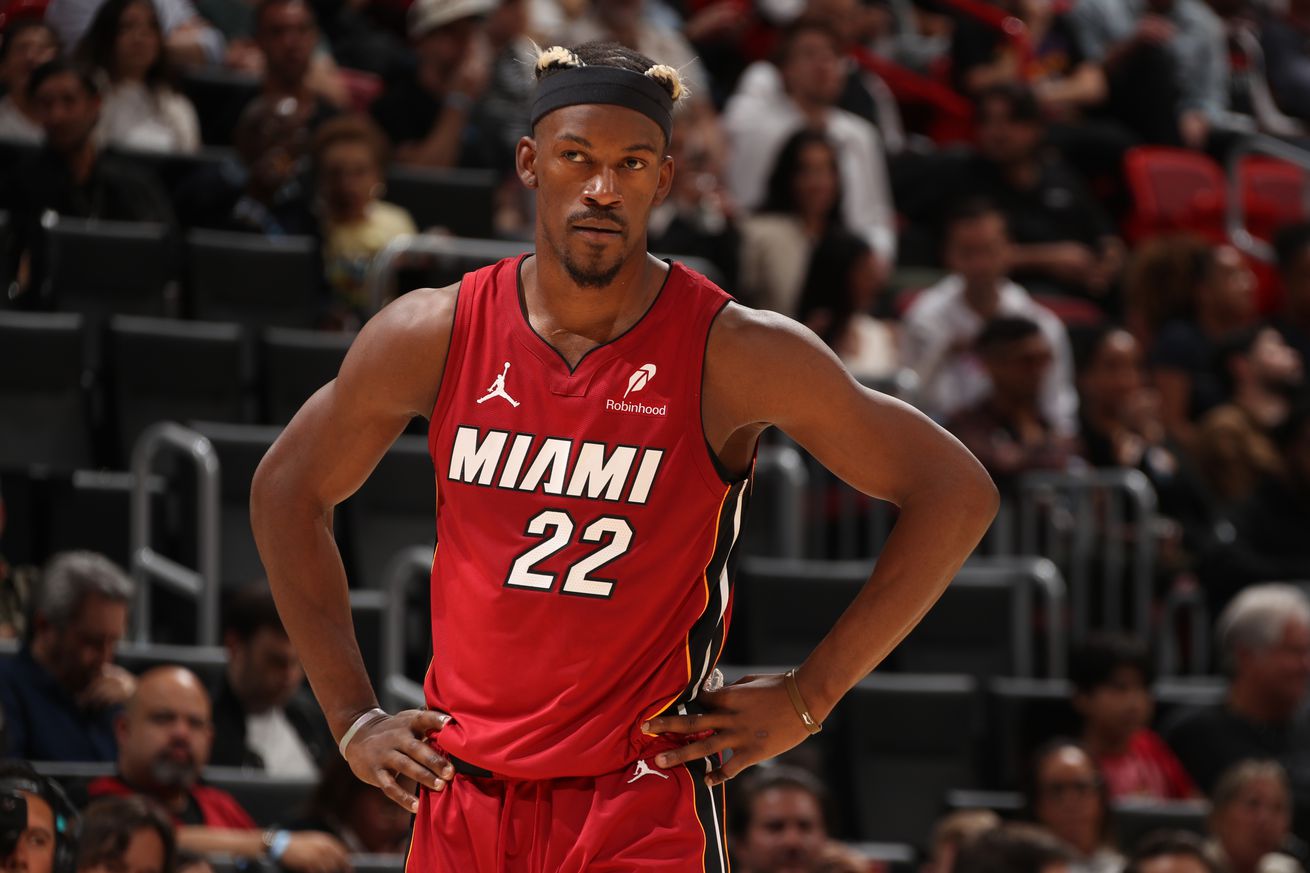 Jimmy Butler #22 of the Miami Heat during the game against the Portland Trail Blazers on January 21, 2025 at Kaseya Center in Miami, Florida.