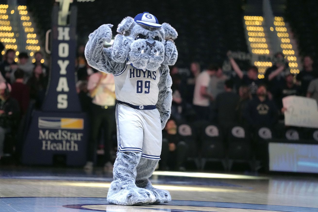 The Georgetown Hoyas mascot on the floor before a college basketball game against the Georgetown Hoyas at Capital One Arena on January 28, 2025 in Washington, DC.