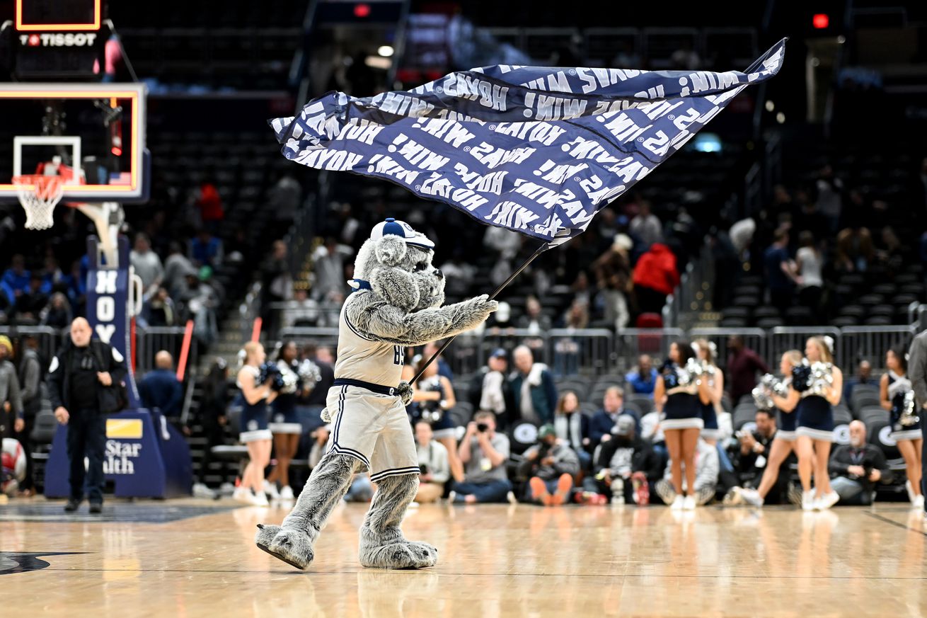 The Georgetown Hoyas mascot celebrates after a victory against the Butler Bulldogs at Capital One Arena on January 31, 2025 in Washington, DC.