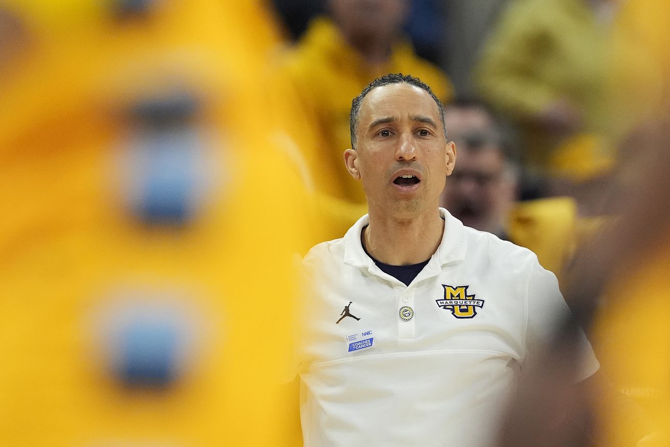 Head coach Shaka Smart of the Marquette Golden Eagles reacts during the first half against the Connecticut Huskies at Fiserv Forum on February 01, 2025 in Milwaukee, Wisconsin.