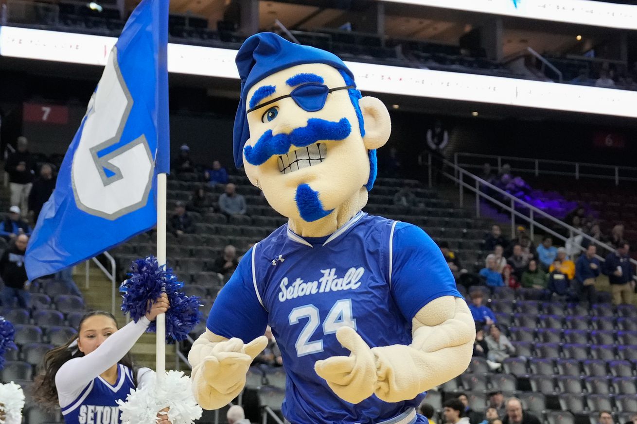 The Seton Hall Pirates mascot before a college basketball game between the Seton Hall Pirates and the Marquette Golden Eagles at Prudential Center on January 21, 2025 in Newark, New Jersey.