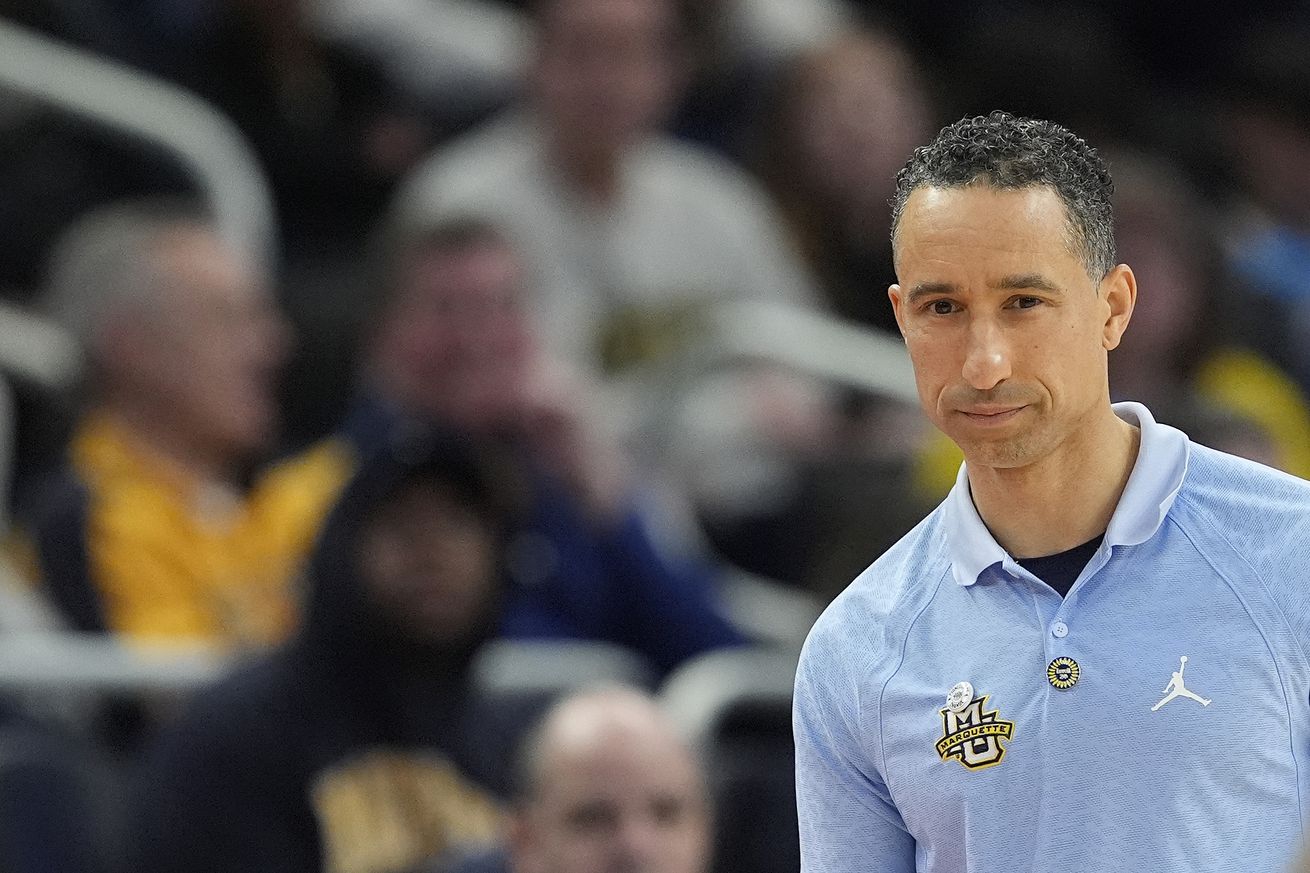 Head coach Shaka Smart of the Marquette Golden Eagles looks on against the DePaul Blue Demons during the first half at Fiserv Forum on February 11, 2025 in Milwaukee, Wisconsin.