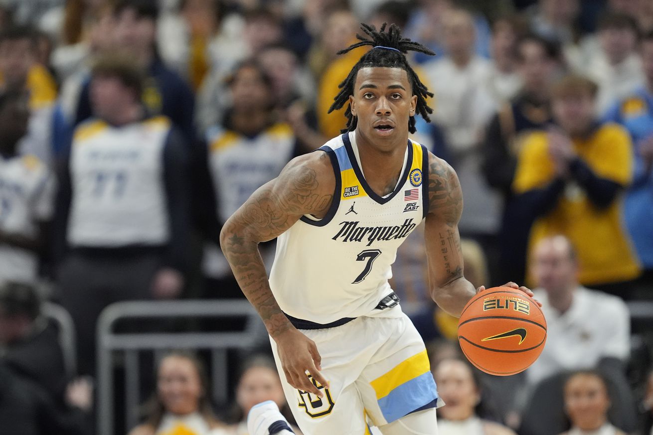 Zaide Lowery #7 of the Marquette Golden Eagles dribbles the ball against the DePaul Blue Demons during the first half at Fiserv Forum on February 11, 2025 in Milwaukee, Wisconsin.