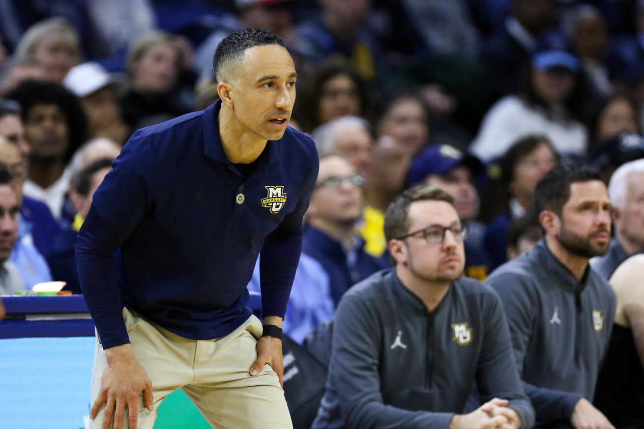 Head coach Shaka Smart of the Marquette Golden Eagles watches play during the first half against the Villanova Wildcats at the Wells Fargo Center on February 21, 2025 in Philadelphia, Pennsylvania.