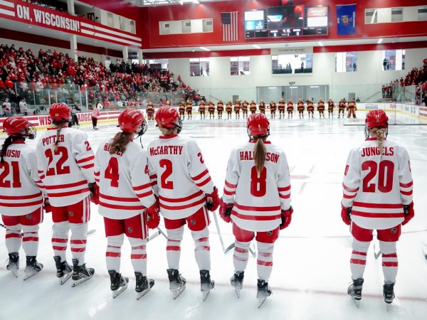 The UW women's hockey team taking an 8-2 win against Minnesota. February 8, 2025.