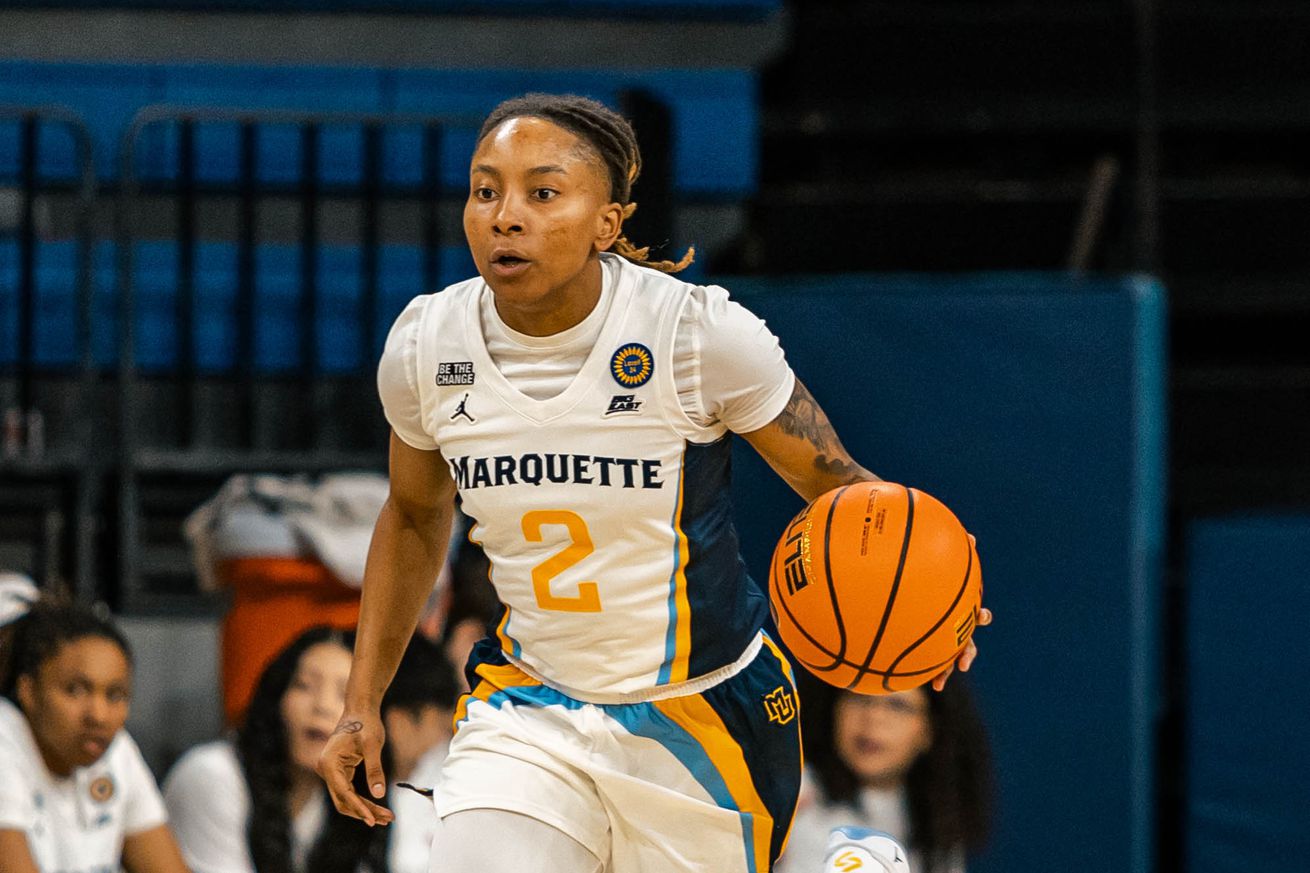 Marquette guard Jaidynn Mason with the ball at the McGuire Center against DePaul on February 15, 2025.