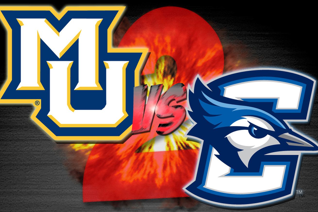 A graphic for a men’s college basketball game between Marquette and Creighton.  The Marquette logo is in the top left, the Creighton logo is in the bottom right, and because it is the second meeting of the season, there is a large red #2 in the background.