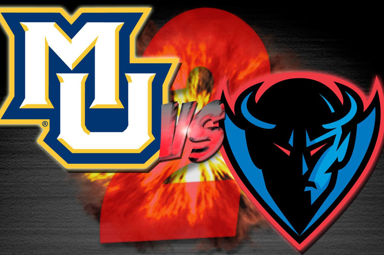 A graphic for a men’s college basketball game between Marquette and DePaul. The Marquette logo is in the top left, the DePaul logo is in the bottom right, and because it is the second meeting of the season, there is a large red #2 in the background.