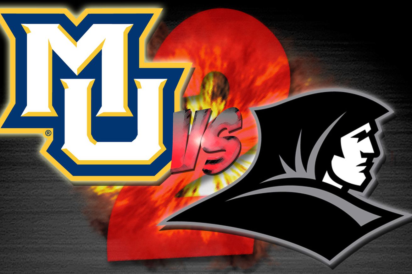 A graphic for a Big East men’s college basketball game between Marquette and Providence.  The Marquette logo is in the top left and the Providence logo is in the bottom right.  It is the second meeting between the teams, so there is a large red 2 in the background.