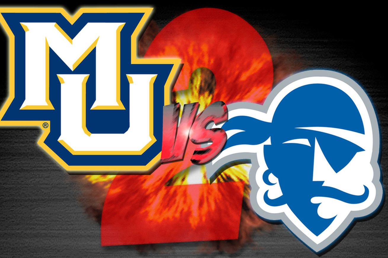 A graphic for a men’s college basketball game between Marquette and Seton Hall.  Marquette’s logo is in the top left, Seton Hall’s logo is in the bottom right.  It is the second meeting of the season, so there is a large red 2 behind the logos, and there is an explosion behind the 2.