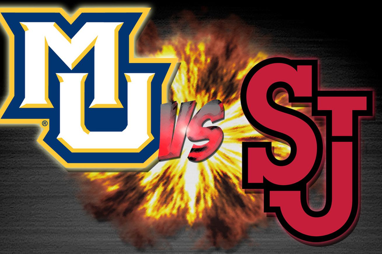 A graphic for a college basketball game between Marquette and St. John’s.  The Marquette logo is in the top left, the St. John’s logo is in the bottom right, and there is an explosion in the background.