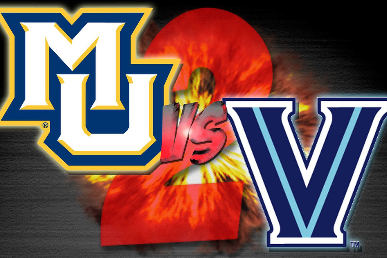 A graphic for a men’s college basketball game between Marquette and Villanova.  The Marquette logo is in the top left, the Villanova logo is in the bottom right.  It is the second meeting of the season between the two teams, so there is a large red 2 in the background.