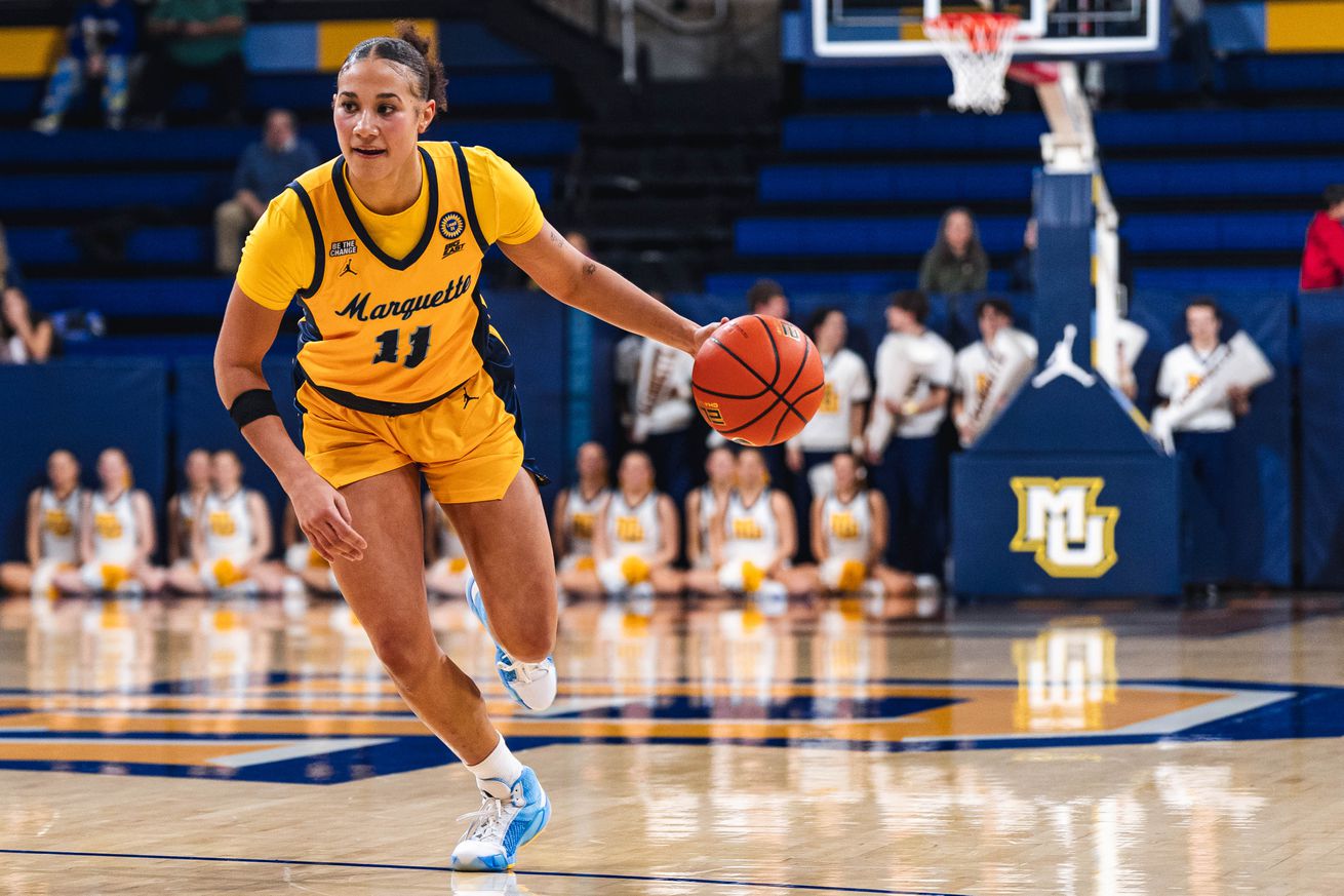 Marquette’s Skylar Forbes in action with the ball at the McGuire Center.