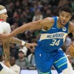 Washington Wizards trade candidate Kyle Kuzma attempts to guard Milwaukee Bucks forward Giannis Antetokounmpo