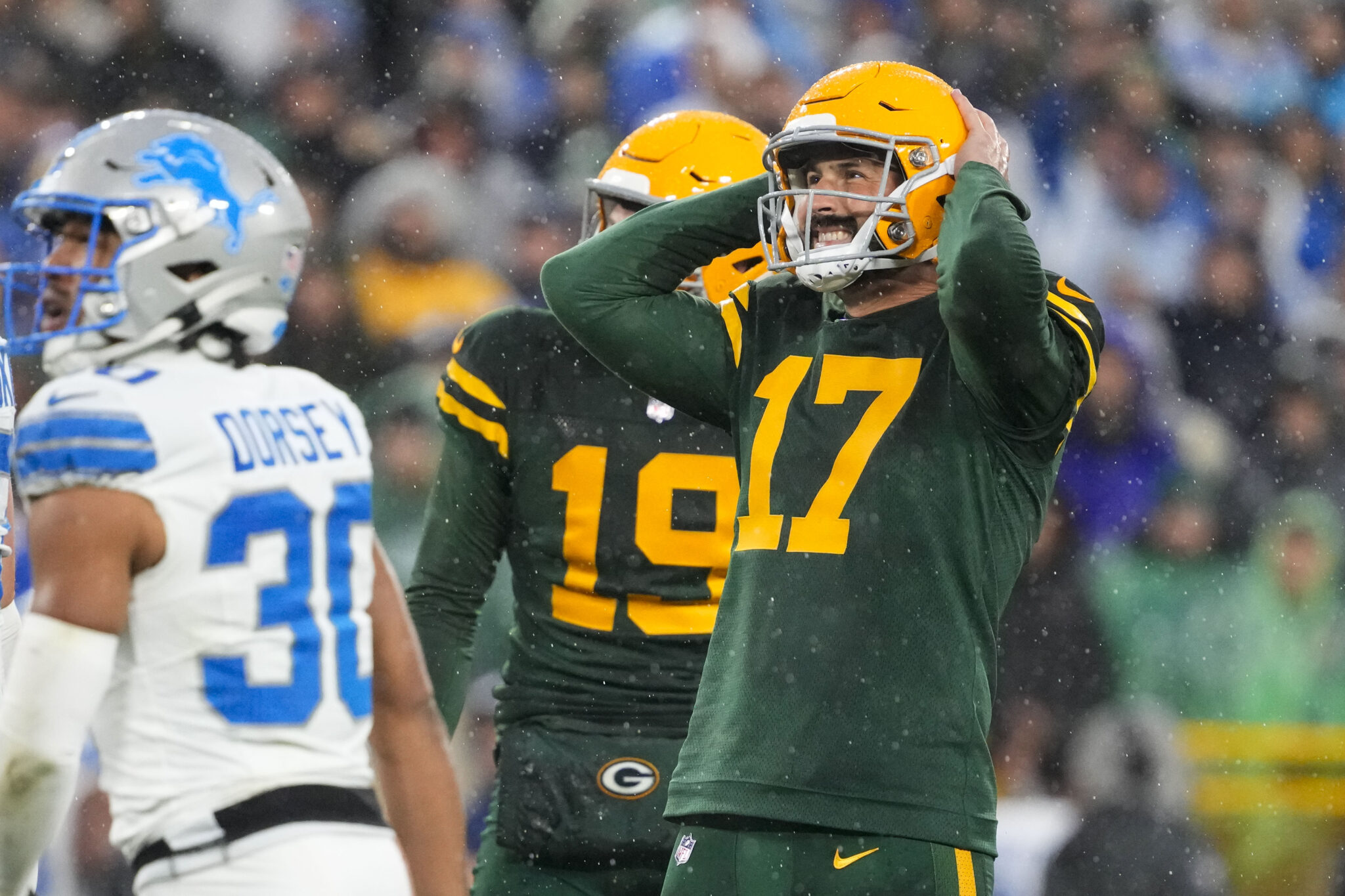 Packers kicker Brian McManus reacts to missing a field goal attempt against the Lions at Lambeau Field