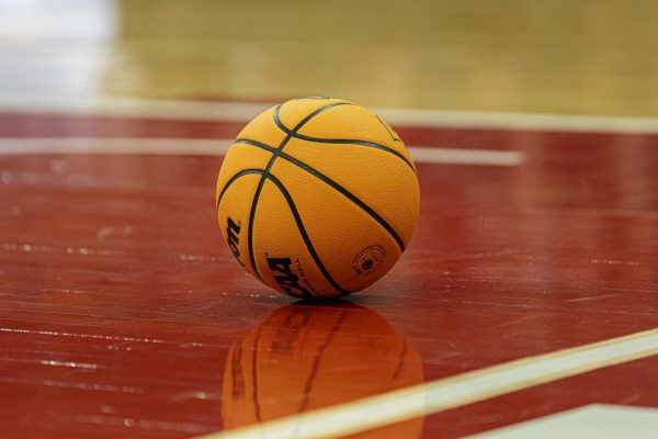 Basketball left on the court after a play at the Kohl Center. January 3, 2025. 