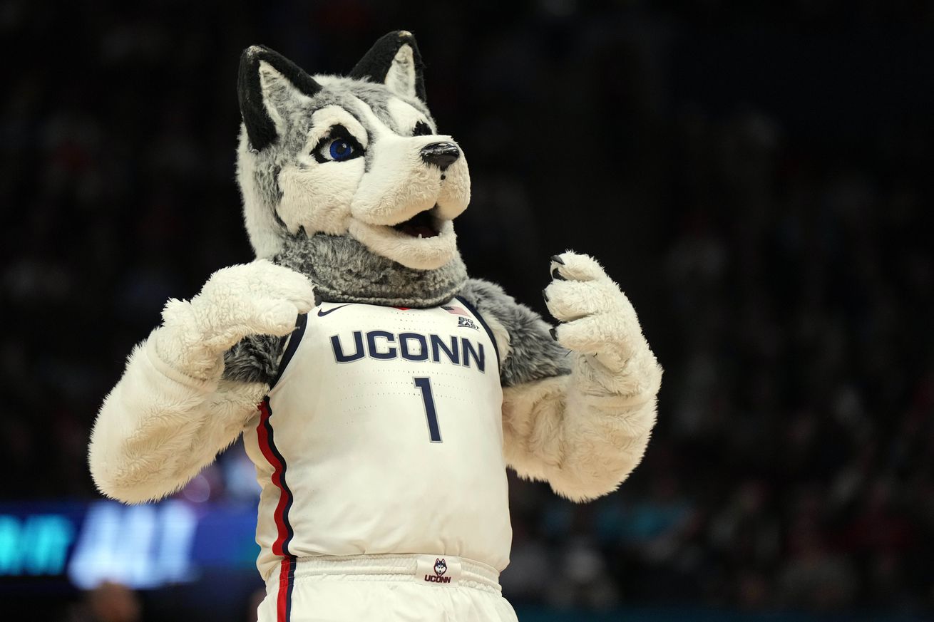 UConn Huskies mascot cheers during a break against the South Carolina Gamecocks during the first half in the Final Four championship game of the women’s college basketball NCAA Tournament at Target Center. 