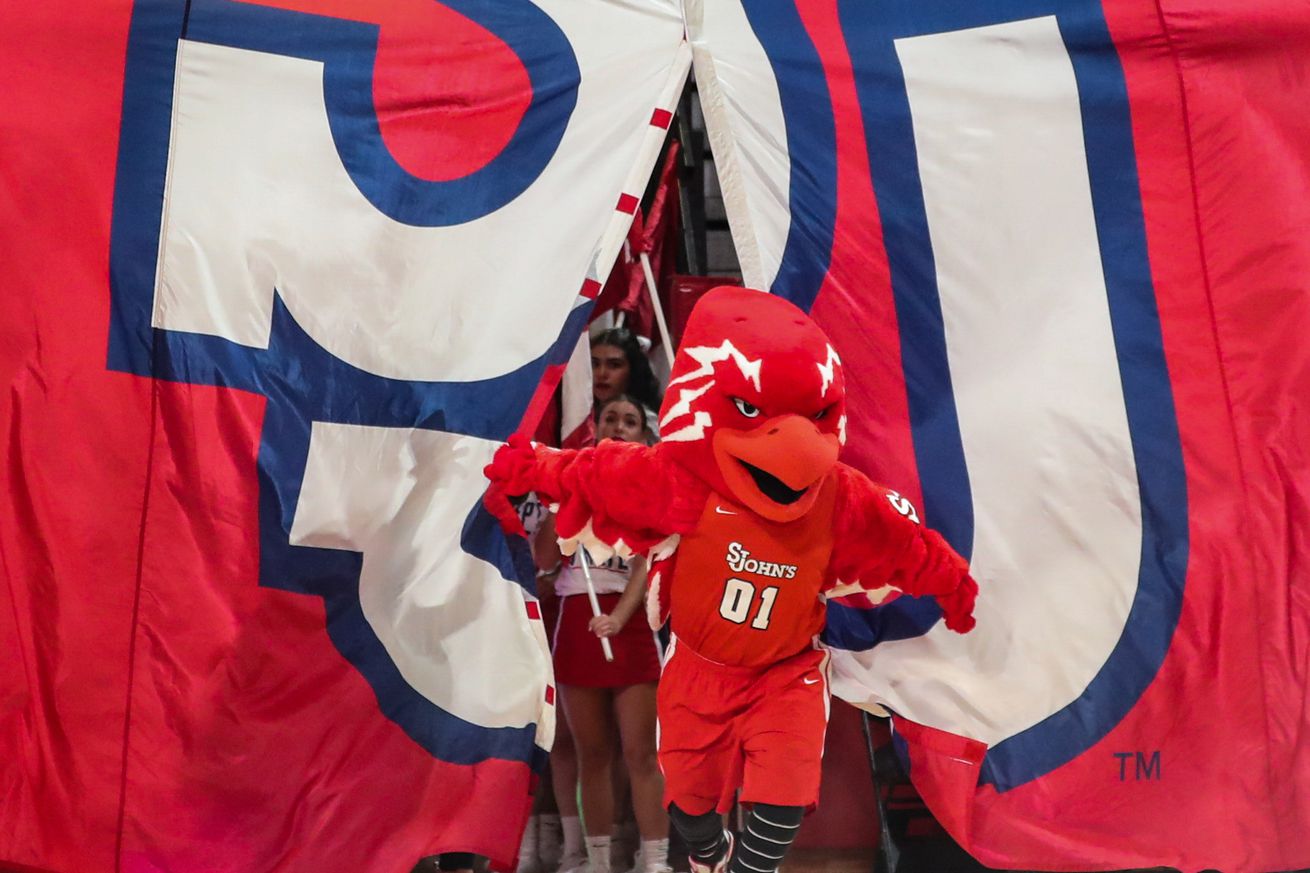 The St. John’s Red Storm mascot Johnny Thunderbird at Carnesecca Arena.